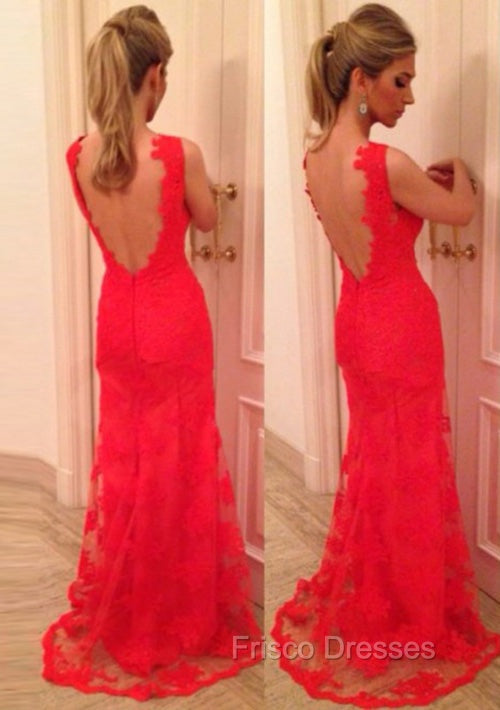 Red Formal Prom Dress, Sheath/Column V Neck Sleeveless Sweep Train Lace Formal Prom Dress With Appliqued
