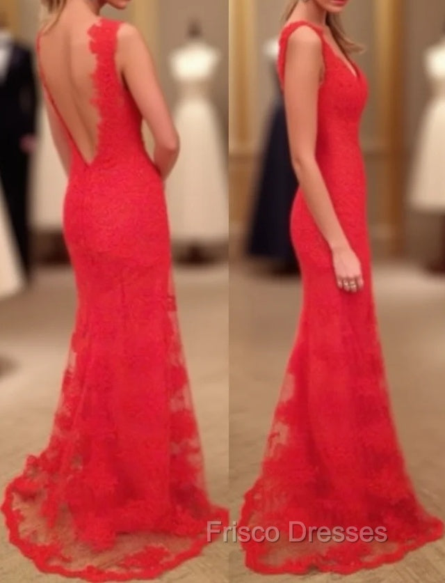 Red Formal Prom Dress, Sheath/Column V Neck Sleeveless Sweep Train Lace Formal Prom Dress With Appliqued Main image