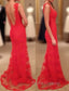 Red Formal Prom Dress, Sheath/Column V Neck Sleeveless Sweep Train Lace Formal Prom Dress With Appliqued