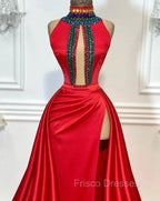 Red Robe De Soiree A-Line High Collar Satin Crystals Slit Sexy Long Formal Prom Dress Formal Prom Gown Evening Dress