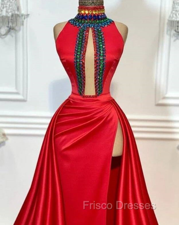 Red Robe De Soiree A-Line High Collar Satin Crystals Slit Sexy Long Formal Prom Dress Formal Prom Gown Evening Dress