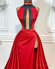 Red Robe De Soiree A-Line High Collar Satin Crystals Slit Sexy Long Prom Dresses Prom Gown Evening Dresses