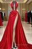 Red Robe De Soiree A-Line High Collar Satin Crystals Slit Sexy Long Formal Prom Dress Formal Prom Gown Evening Dress