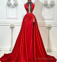 Red Robe De Soiree A-Line High Collar Satin Crystals Slit Sexy Long Prom Dresses Prom Gown Evening Dresses