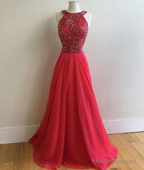 Red Round Neck Long Prom Dress, Red Evening Dress