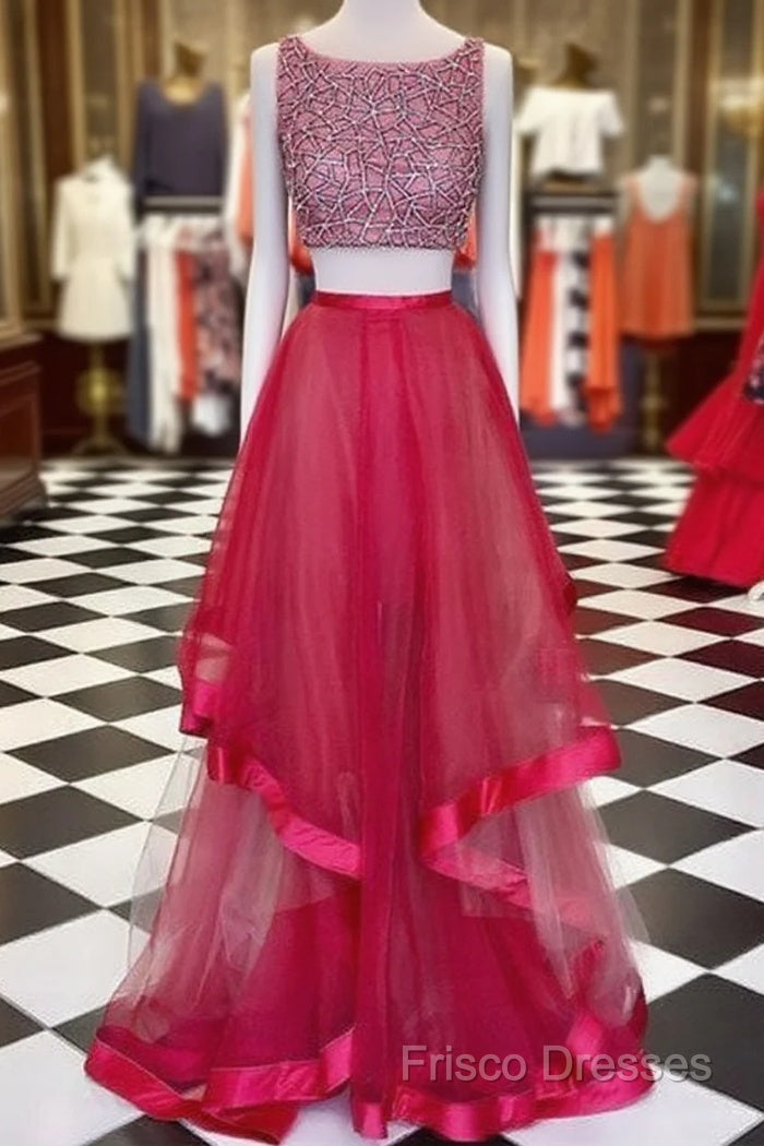 Red Round Neck Sequin Two Pieces Long Formal Prom Dress, Formal Dress Main image