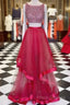 Red Round Neck Sequin Two Pieces Long Formal Prom Dress, Formal Dress
