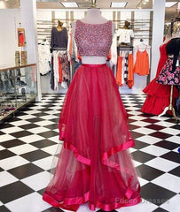 Red Round Neck Sequin Two Pieces Long Prom Dress, Evening Dress