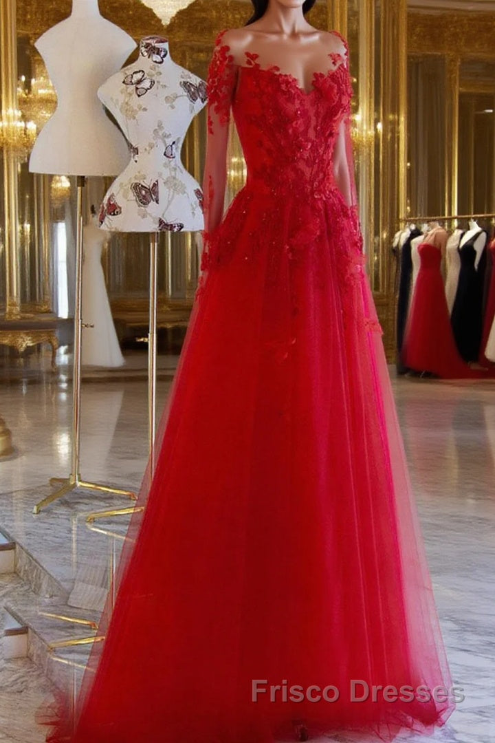 Red round neck tulle lace long Formal Prom Dresses, red evening Dresses Main image