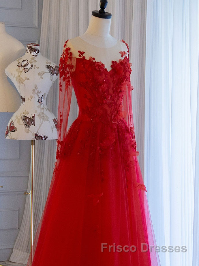 Red round neck tulle lace long Formal Prom Dresses, red evening Dresses Secondary image