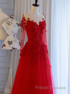 Red round neck tulle lace long Formal Prom Dresses, red evening Dresses