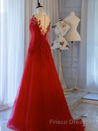 Red round neck tulle lace long Formal Prom Dresses, red evening Dresses