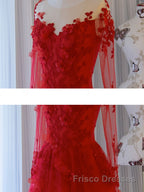 Red round neck tulle lace long Formal Prom Dresses, red evening Dresses