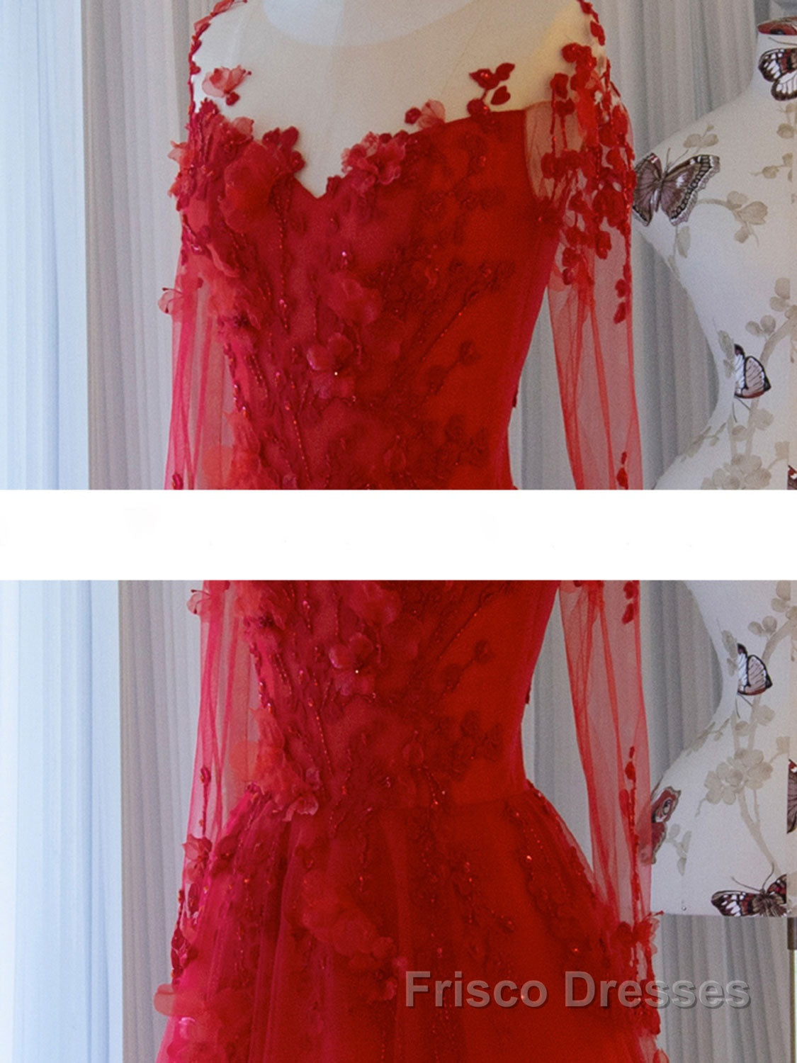 Red round neck tulle lace long Formal Prom Dresses, red evening Dresses