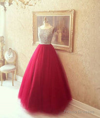 Red Round Neck Tulle Rhinestones Long Prom Dress, Red Evening Dress