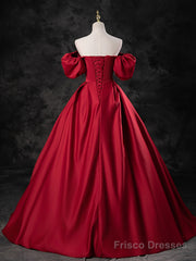 Red Satin A-line Short Sleeves Long Prom Dress, Red Long Formal Dress Evening Dress
