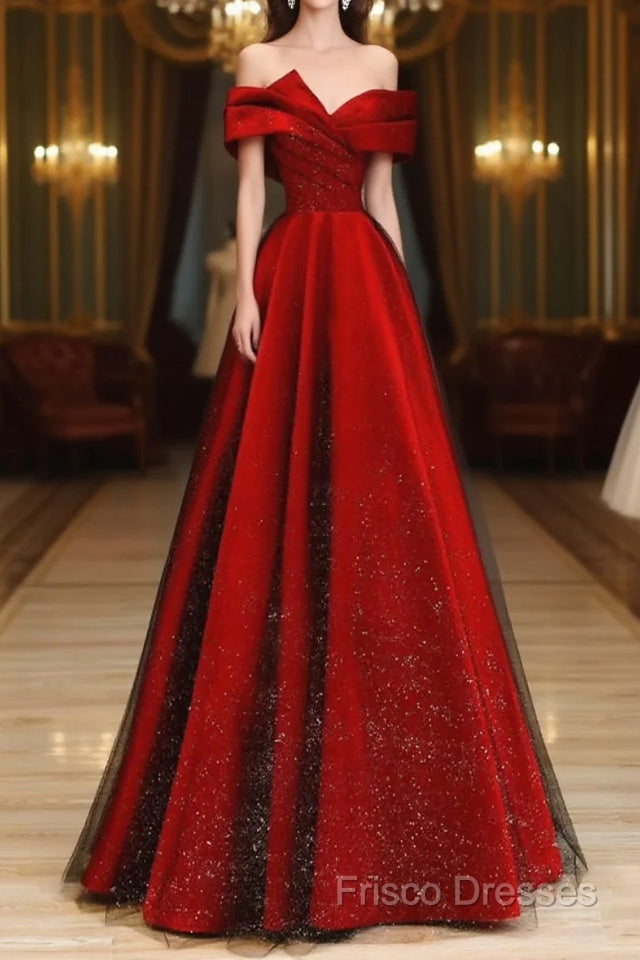 Red Satin And Black Tulle A-Line Off Shoulder Party Dress, Simple A-Line Formal Prom Dress Main image