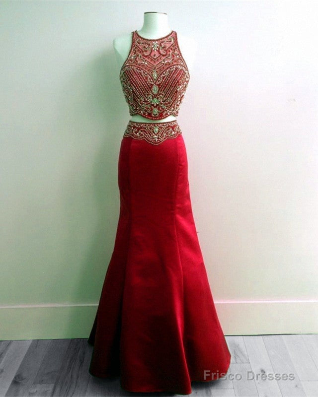Red Satin Beaded Two Piece Mermaid Formal Gown