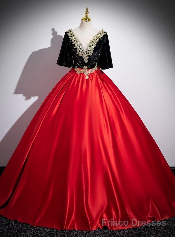 Red Satin Black Velvet Appliques Quinceanera Dress Main image