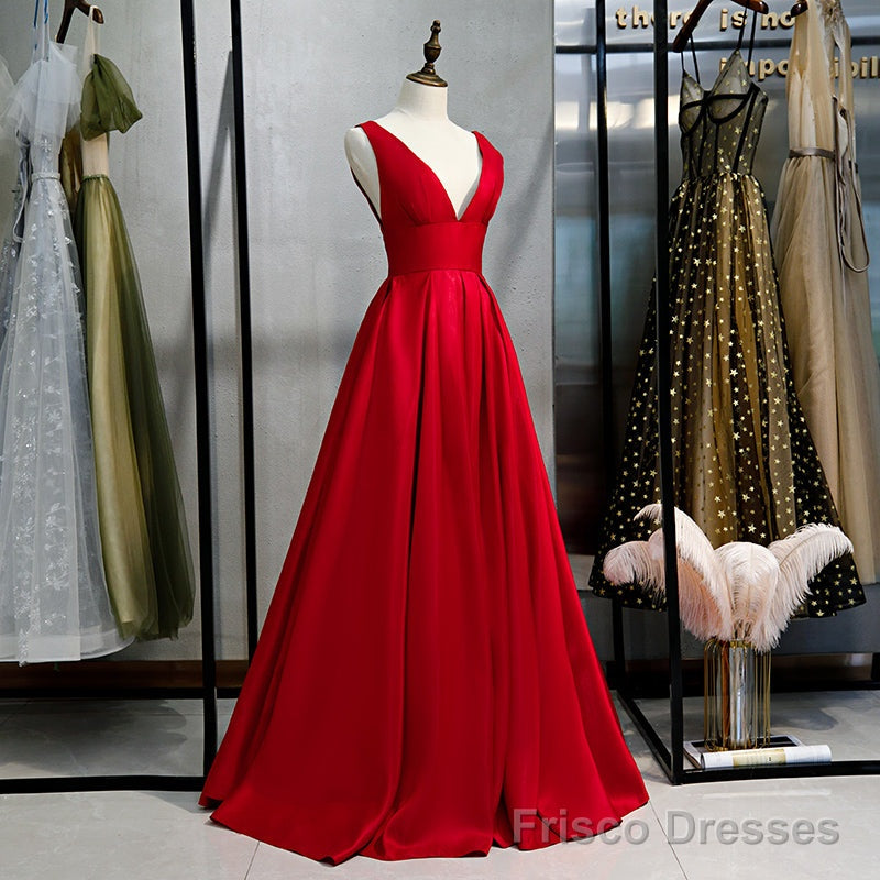 Red Satin Deep V-neckline Prom Gown, Red Floor Length Evening Gown Main image