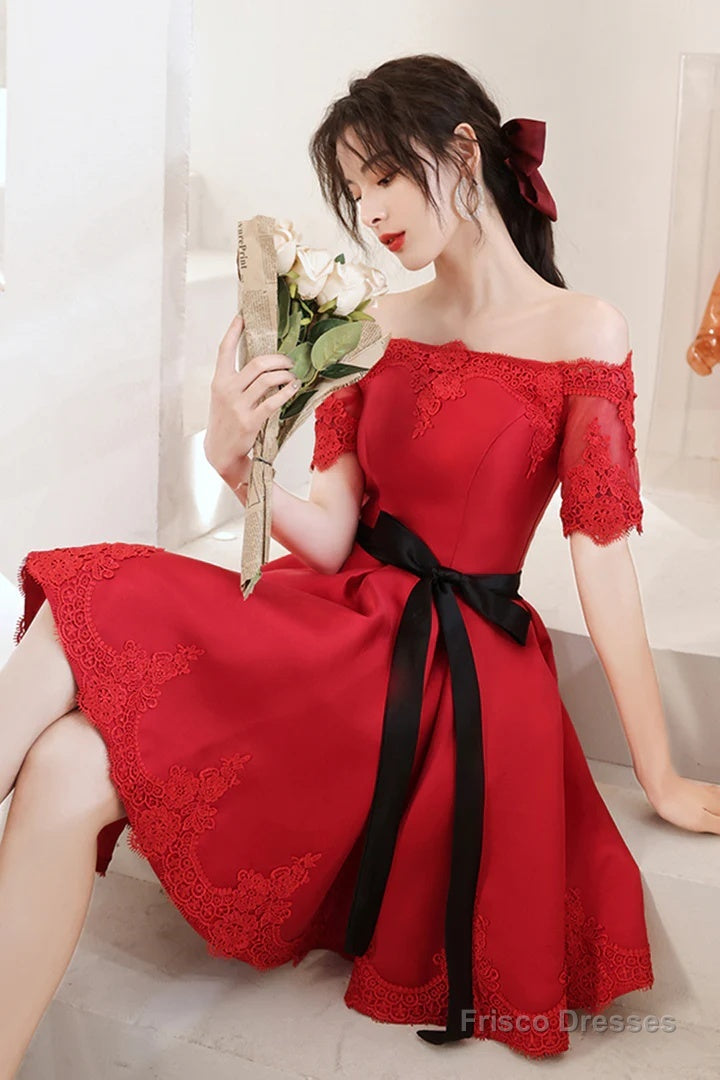 Red Satin Knee Length With Lace Party Dress, Red Short Homecoming Dress