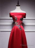 Red Satin Long A-line Prom Dress Off Shoulder Party Dress, Red Bridesmaid Dress