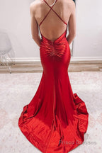 Red Satin Mermaid Prom Dress with Ruffles