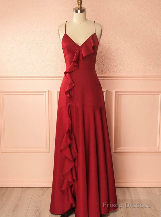 Red Satin Mermaid Spaghetti Straps Prom Dress With Ruffles Main image