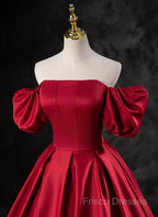 Red Satin Off Shoulder Long Simple A-Line Wedding Party Dress, Red Long Formal Dress