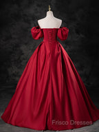 Red Satin Off Shoulder Long Simple A-Line Wedding Party Dress, Red Long Formal Dress