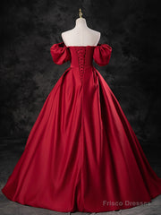 Red Satin Off Shoulder Long Simple A-Line Wedding Party Dress, Red Long Evening Dress
