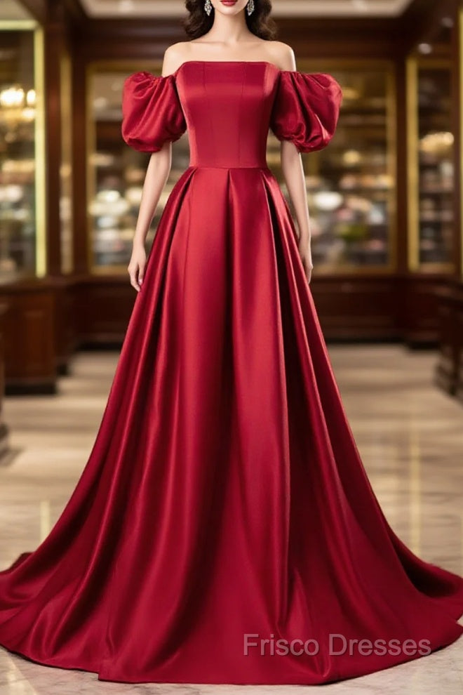 Red Satin Off Shoulder Long Simple A-Line Wedding Party Dress, Red Long Formal Dress Main image