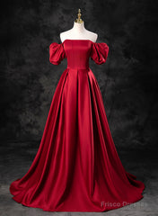 Red Satin Off Shoulder Long Simple A-Line Wedding Party Dress, Red Long Evening Dress