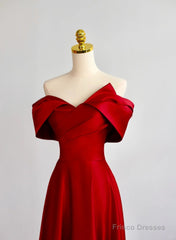 Red Satin Off Shoulder Sweetheart Long Party Dress, Red Satin Prom Dress