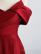 Red Satin Off Shoulder Sweetheart Long Party Dress, Red Satin Formal Prom Dress
