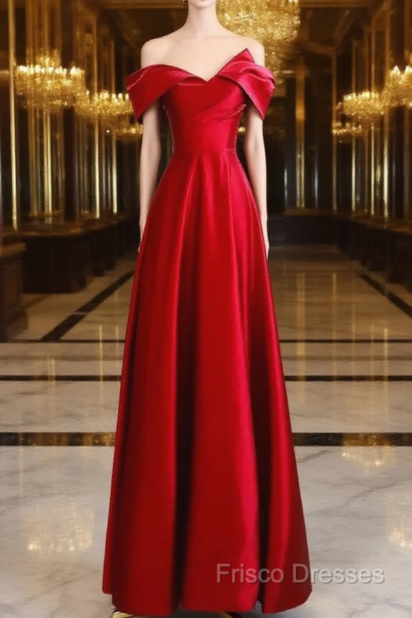 Red Satin Off Shoulder Sweetheart Long Party Dress, Red Satin Formal Prom Dress Main image