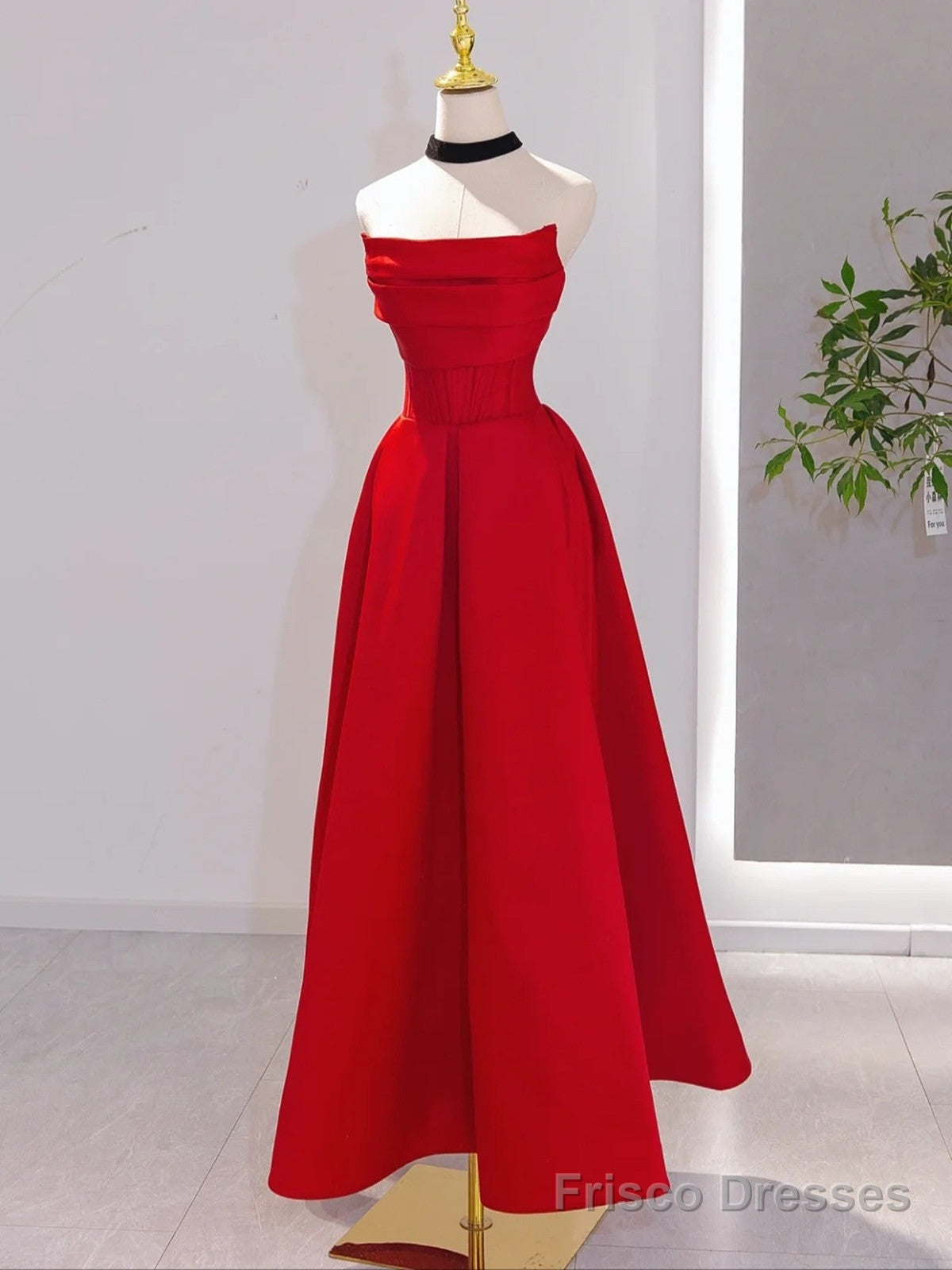 Red Satin Red Satin A-line Scoop Long Party Dress, Red Satin Prom Dress Secondary image