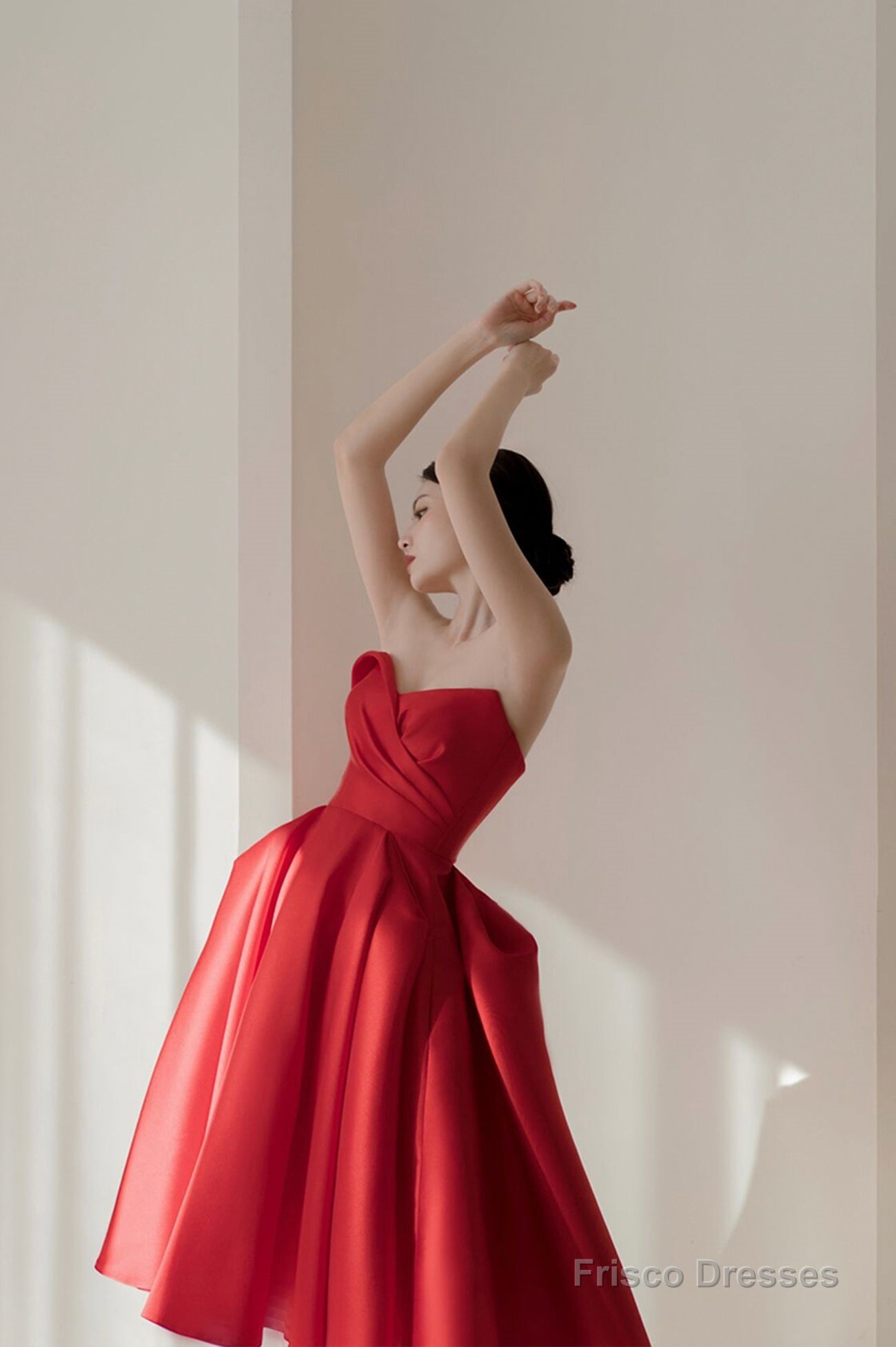 Red Satin Short A-Line Prom Dress, Red Strapless Homecoming Party Dress Main image