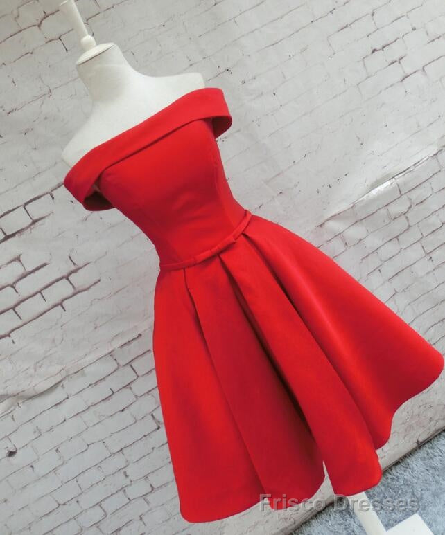 Red Satin Short Party Dress, Red Off Shoulder Homecoming Dress Main image