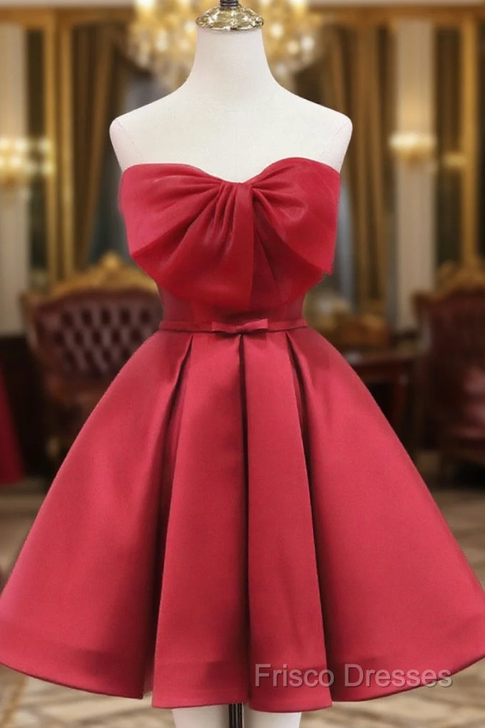 Red Satin Short Formal Prom Dress Party Dress, Lovely Red Knee Length Homecoming Dress Main image