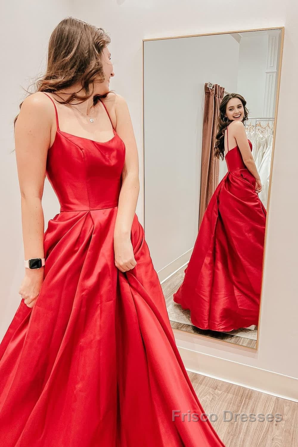 Red Satin Spaghetti Straps A-Line Prom Dress Main image