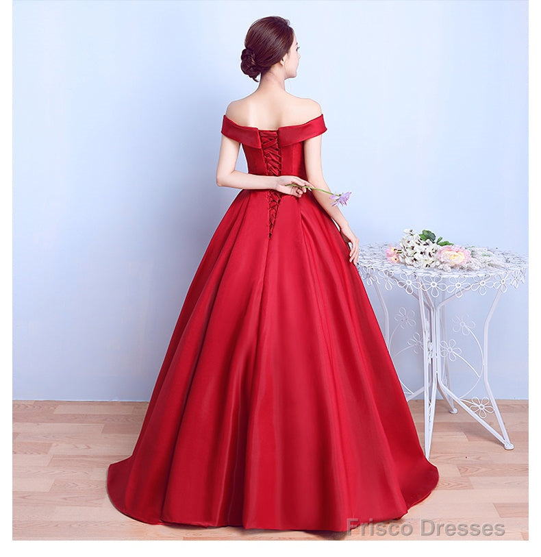 Red Satin Sweetheart Off Shoulder Long Formal Dress Evening Gown, Red Long Ball Gown Party Dress