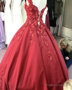 Red Satin V-Neck Wedding Dress Ball Gowns With 3D Lace Flowers