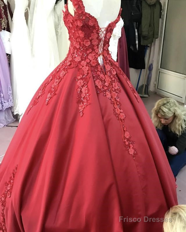 Red Satin V-Neck Wedding Dress Ball Gowns With 3D Lace Flowers