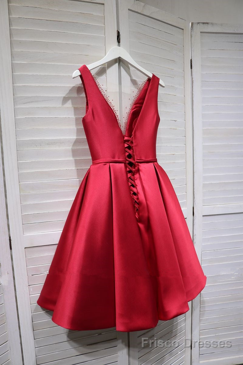 Red Satin V-neckline Knee Length Homecoming Dress, Red Short Prom Dress Main image