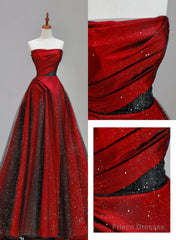 Red Satin With Black Tulle Long Party Dress, Red Satin Prom Dress Evening Dress