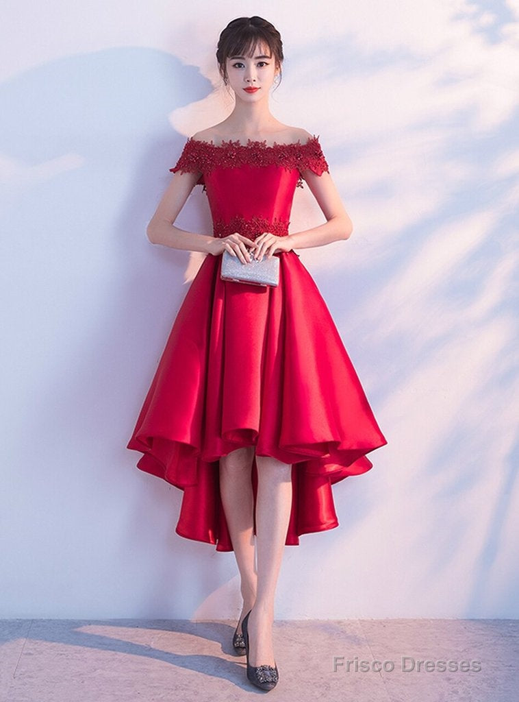 Red Satin With Lace Beaded High Low Homecoming Dress Main image