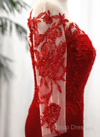 Red Satin With Lace Round Neckline Party Dress, Red Satin Formal Dress