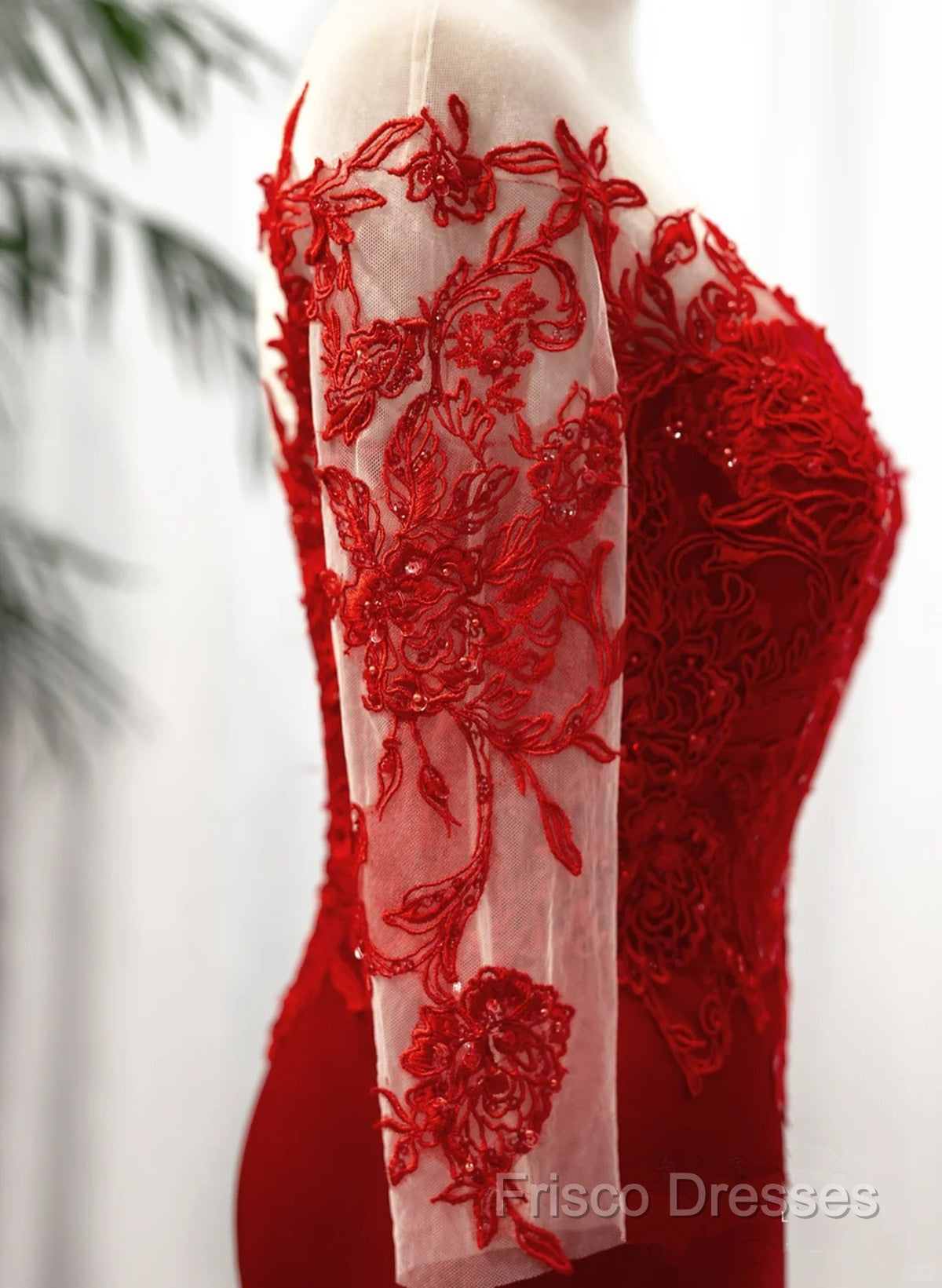 Red Satin With Lace Round Neckline Party Dress, Red Satin Formal Dress