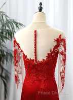 Red Satin With Lace Round Neckline Party Dress, Red Satin Formal Dress